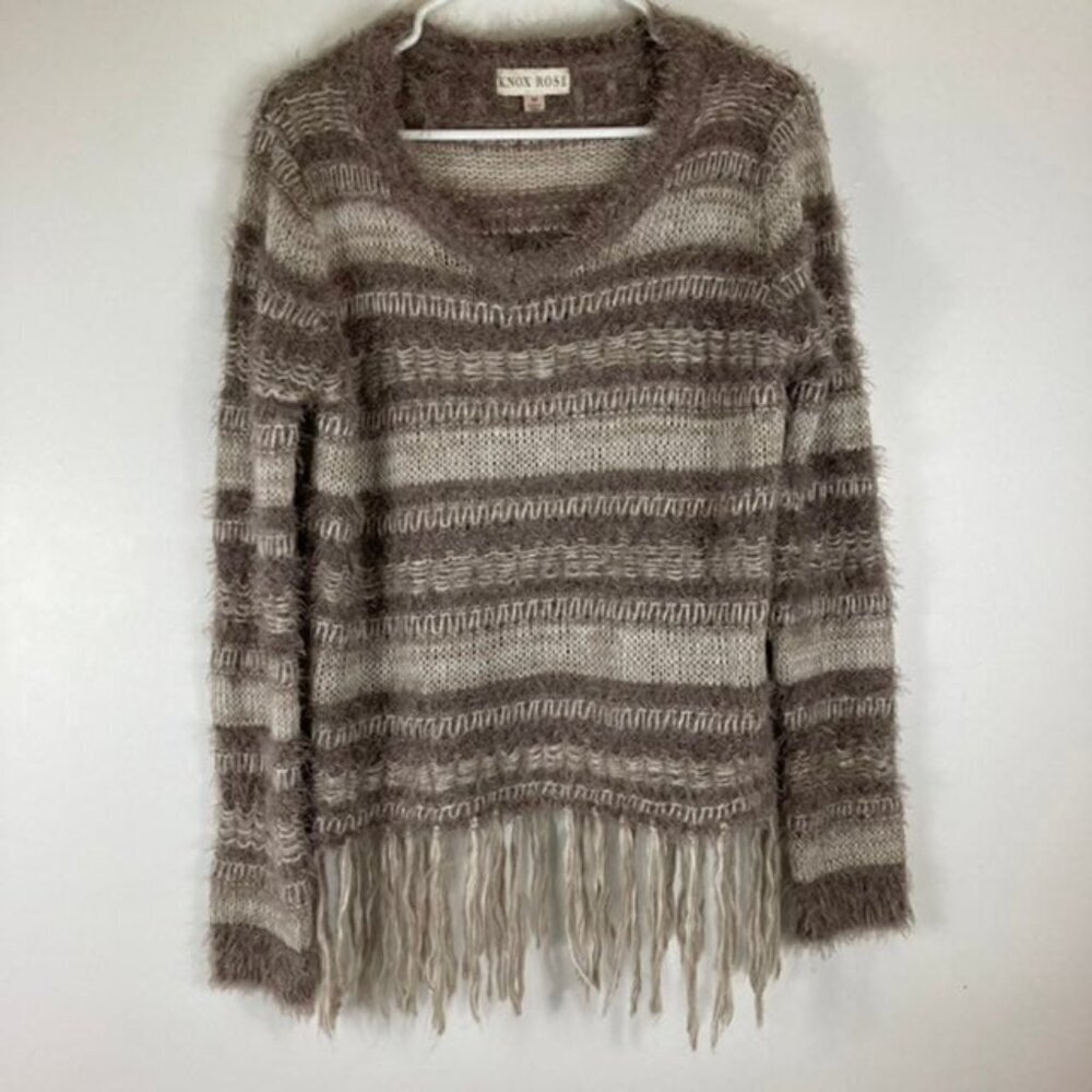 Womens Knox Rose Boho Striped Fringe Sweater Tan Cream Brown M